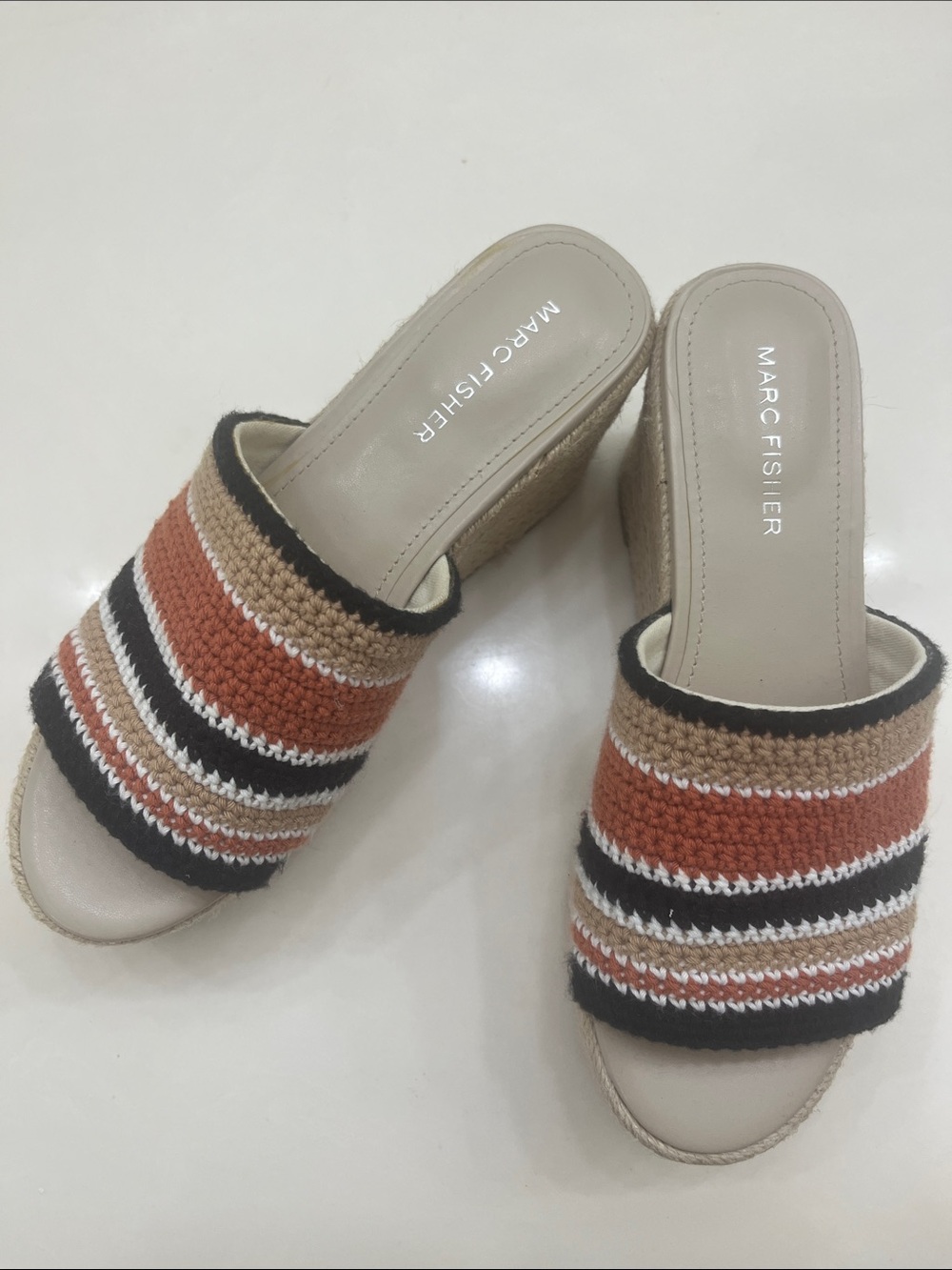 Marc Fisher Striped Crochet Espadrille Wedge Slides in Rust, Tan, Black & White